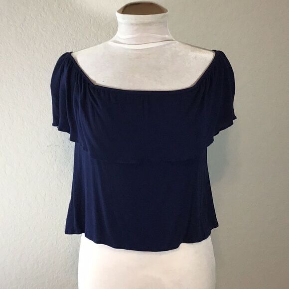 Honey Punch Top Vintage Off Shoulder Navy Elastic Neck Line High Low Size S - Picture 1 of 12